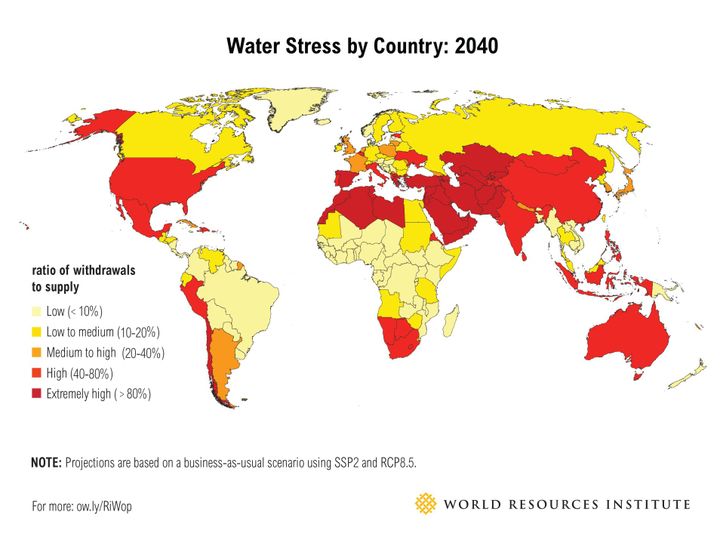 Pays affectés par le manque d'eau à l'horizon 2040 (World Resourses Institute)