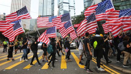 Des manifestants portent des drapeaux américains à Hong Kong, le 8 septembre 2019. (VIVEK PRAKASH / AFP)