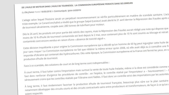 Le communiqué de presse de Sylvie Goddy publié le 16 mai 2018 sur le site de l'Europe des nations et des libertés. (CAPTURE D'ECRAN)