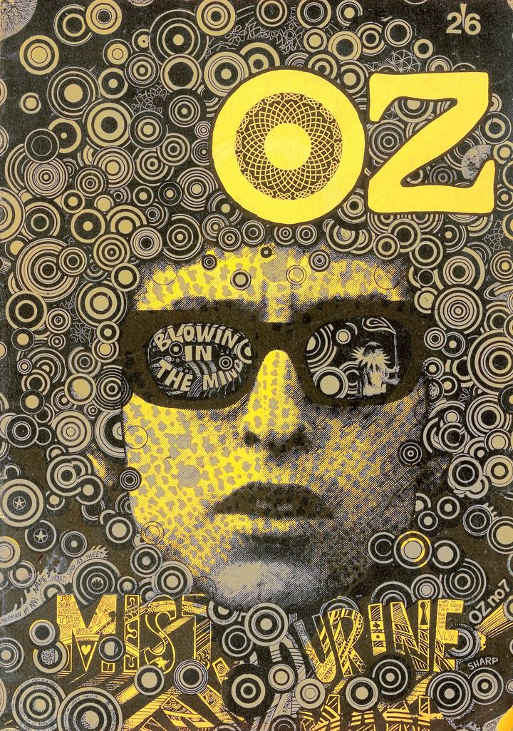 Bob Dylan, couverture de la revue OZ, no 7, oct.-nov. 1967 par Martin Sharp (1942-2013).
 (Succession Martin Sharp / SODRAC (2017). Photo MBAM, Christine Guest)