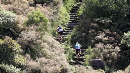 Deux compétiteurs de l'édition 2019 de la Diagonale des fous à la Réunion (illustration). (RICHARD BOUHET / AFP)