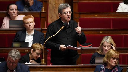 Jean-Luc Mélenchon, président du groupe La France insoumise, s'exprime sur le projet de loi de réforme des retraites à l'Assemblée nationale, le 19 février 2020. (ALAIN JOCARD / AFP)