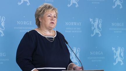 La Première ministre norvégienne, Erna Solberg, lors d'une conférence de presse à Oslo, le 3 septembre 2020. (BERIT ROALD / NTB SCANPIX / AFP)