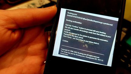 Le message pirate reçu par des hôteliers et des clients via la plateforme de réservation Booking.com. (BENJAMIN ILLY / FRANCE-INFO / RADIO FRANCE)