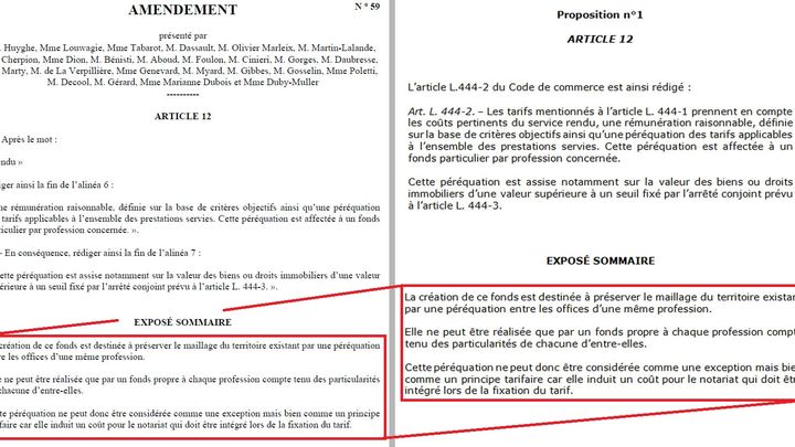 A gauche, l'amendement d&eacute;pos&eacute; par un groupe de d&eacute;put&eacute;s sur l'article 12 de la loi Macron. A droite, l'extrait du courrier du&nbsp;Conseil sup&eacute;rieur du notariat envoy&eacute; aux d&eacute;put&eacute;s afin d'influencer le texte. (FRANCE 2)