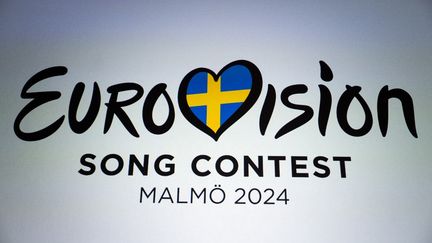 The Eurovision logo, February 20, 2024, in Malmö (Sweden).  (LAURIE DIEFFEMBACQ / BELGA / AFP)