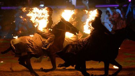 Des artistes font une performance lors de la cérémonie d'ouverture des Jeux Nomades, le 3 septembre 2016 au Kirghizstan. (VYACHESLAV OSELEDKO / AFP)