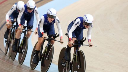 L'équipe de France de poursuite par équipe, lors des championnats du monde de Glasgow, en Ecosse, le 5 août 2023. (PICHON PATRICK / KMSP)