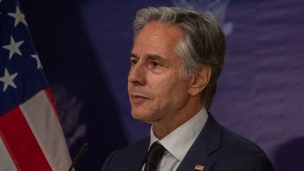 Le chef de la diplomatie américaine, Antony Blinken, lors d'une conférence de presse à Haïti, le 5 septembre 2024. (GUERINAULT LOUIS / ANADOLU / AFP)