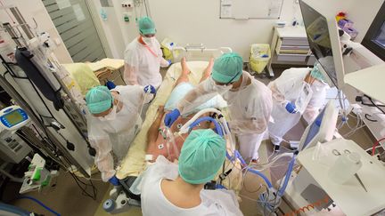 Des soignants s'occupent d'un patient en réanimation, le 27 novembre 2020, au CHU de Purpan, à Toulouse (Haute-Garonne). (FREDERIC SCHEIBER / HANS LUCAS / AFP)