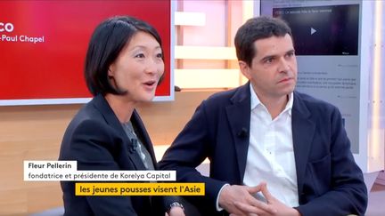 Invités de Jean-Paul Chapel dans ":L’éco" jeudi 20 avril, Fleur Pellerin et son associé Antoine Dresch, présentent le fond d’investissement qu’ils ont créé&nbsp;: Korelya Capital. (FRANCEINFO)