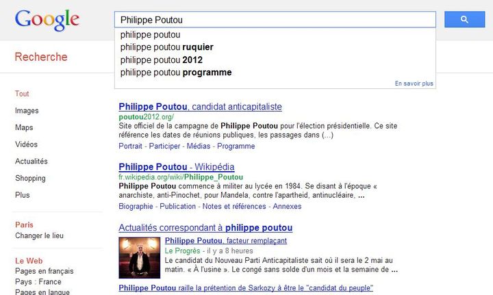 La recherche "Philippe Poutou" suggère "Ruquier" avant "2012". (DR)