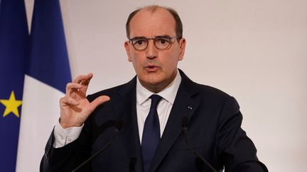 Le Premier ministre Jean Castex,&nbsp;lors d'une conférence de presse sur l'épidémie de Covid-19, le 22&nbsp;avril 2021 à Paris.&nbsp; (LUDOVIC MARIN / AFP)