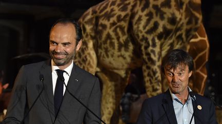 Edouard Philippe et Nicolas Hulot, le 4 juillet 2018, a musée national d'Histoire naturelle, à Paris. (GERARD JULIEN / AFP)