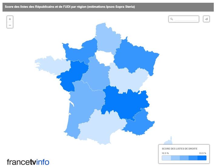 Au soir du premier tour des régionales, dimanche 6 décembre, Les Républicains&nbsp;réalisent leurs meilleurs scores – avec l'UDI et le Modem – en Pays de la Loire&nbsp;et en Auvergne-Rhône-Alpe. (CARTODB / FRANCETV INFO)