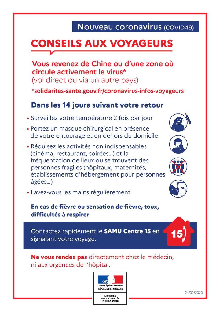 Une affiche distribuée aux voyageurs qui reviennent de Chine continentale, le 25 février 2020. (DIRECTION DE L'AVIATION CIVILE)