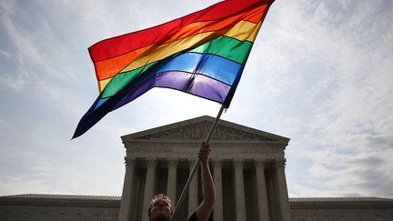 La veille de la d&eacute;cision de la Cour supr&ecirc;me sur la l&eacute;galisation ou non du mariage homsexuel, jeudi 25 huin, cet Am&eacute;ricain pro-mariage gay brandit un drapeau arc-en-ciel devant la Cour supr&ecirc;me. (MARK WILSON / GETTY IMAGES NORTH AMERICA/AFP)