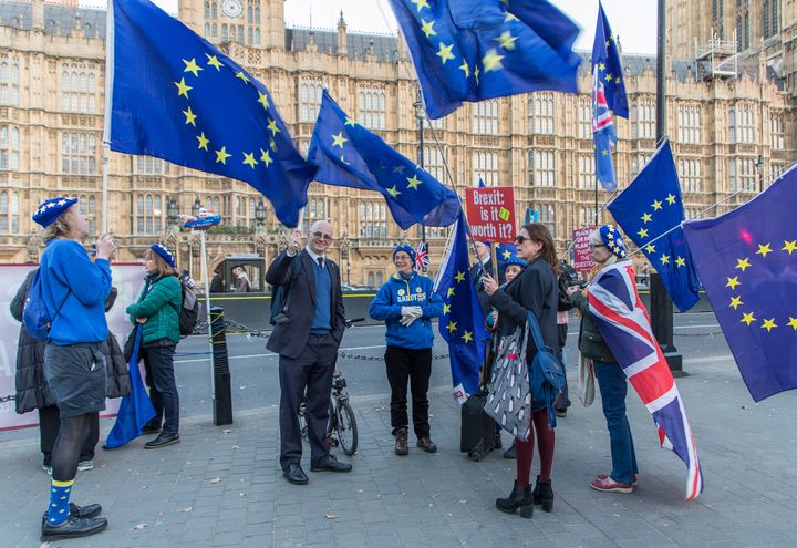 David Hughes (au centre) et d'autres militants anti-Brexit se regroupent à Londres (Royaume-Uni), le 25 février 2019. (MARIE-VIOLETTE BERNARD / FRANCEINFO)