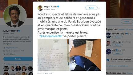 Le député UDI Meyer Habib, visé le 27 août 2018 par une lettre de menace de mort accompagnée de poudre, va déposer plainte. (MEYER HABIB / TWITTER)