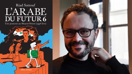 L'auteur de bande dessinée Riad Sattouf à Paris le 10 novembre 2022, avec la couverture du tome 6 de "L'arabe du futur" (PIERRE LE MASSON)