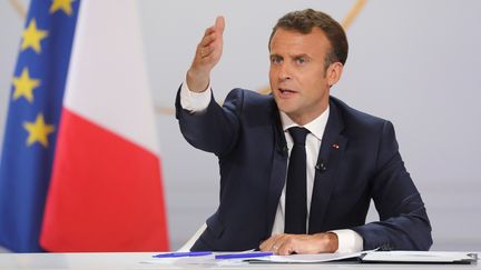 Le président de la République Emmanuel Marcon lors de sa conférence de presse à l'Elysée, le 25 avril 2019. (LUDOVIC MARIN / AFP)