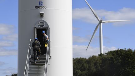 Techniciens sur des éoliennes d'Engie en 2017 à Radenac (Morbihan). (DAMIEN MEYER / AFP)