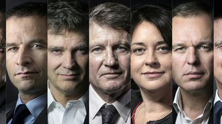 Les sept candidats à&nbsp;la primaire de la gauche : Jean-Luc Bennahmias, Benoît Hamon, Arnaud Montebourg,&nbsp;Vincent Peillon, Sylvia Pinel, François de Rugy et Manuel Valls. (JOEL SAGET / AFP)