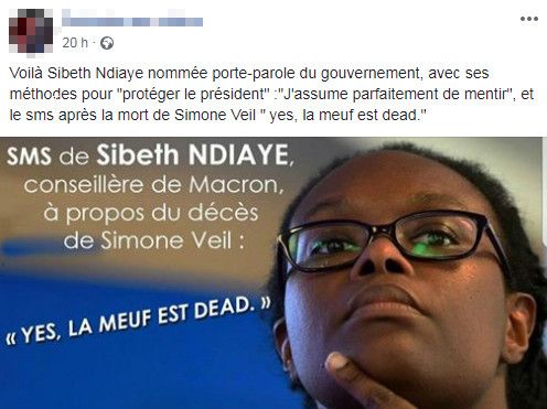 L'un des nombreux messages postés sur Facebook, le 31 mars 2019, après la nomination de Sibeth Ndiaye au gouvernement. (FACEBOOK)