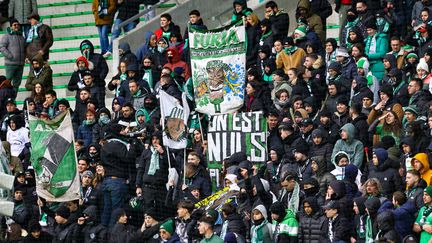 Les supporters stéphanois lors de la défaite de leur équipe face à Sochaux, le 28 janvier 2023. (LIONEL VADAM / MAXPPP)