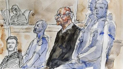 Un croquis de Joël Le Scouarnec, le 13 mars 2020, lors de son procès pour viol et abus sexuel, au palais de justice de Saintes (Charente-Maritime). (BENOIT PEYRUCQ / AFP)