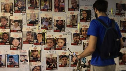 Photos of Hamas hostages during a gathering of relatives of these kidnapped people, November 2, 2023 in Tel Aviv (Israel).  (LAETITIA NOTARIANNI / HANS LUCAS / AFP)