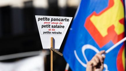 Une "petite" pancarte dans un gros cortège, à Montpellier, où 25 000 personnes ont défilé contre la réforme des retraites, le 31 janvier, environ 10 000 de plus que le 19 janvier. (JEROME GILLES / NURPHOTO / AFP)