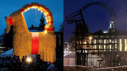 Gävlebocken, le bouc de Noël géant, a été incendié dans la nuit du 16 au 17 décembre 2021 à&nbsp;Gaevle en Suède. (MATS ASTRAND / TT NEWS AGENCY / AFP)