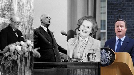 Winston Churchill, Charles De Gaulle, Margaret Thatcher, David Cameron : quatre acteurs de l'Histoire européenne (RDB/ULLSTEIN BILD VIA GETTY IMAGES - GAMMA/RAPHO VIA GETTY IMAGES - GETTY IMAGES - MICHAEL KAPPELER/DPA/PICTURE ALLIANCE/GETTY IMAGES)