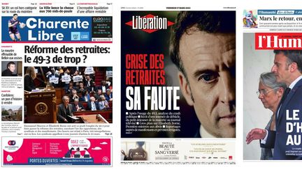 Les unes de la "Charente libre", de "Libération" et de "L'Humanité", le 17 mars 2023. (ALLIANCE DE LA PRESSE D'INFORMATION GENERALE)