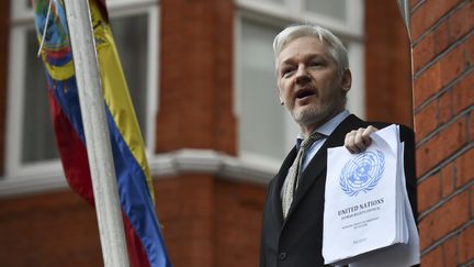 Le fondateur de Wikileaks, Julian Assange, à l'ambassade d'Equateur à Londres, le 5 février 2016. (BEN STANSALL / AFP)