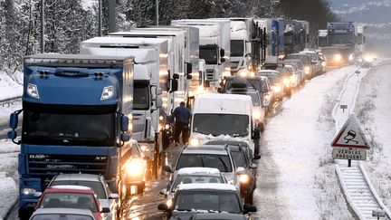 Une file de v&eacute;hicules bloqu&eacute;s sur l'autoroute A31, en Meurthe-et-Moselle, le 27 d&eacute;cembre 2014. (MAXPPP)