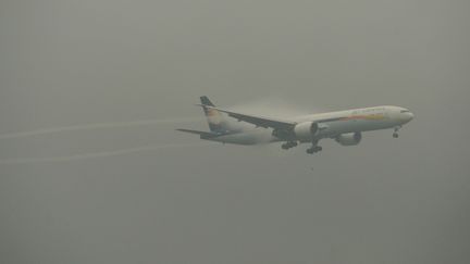 Un avion de la compagnie indienne Jet Airways dans le ciel de Bombay, le 20 septembre 2017.&nbsp; (PUNIT PARANJPE / AFP)