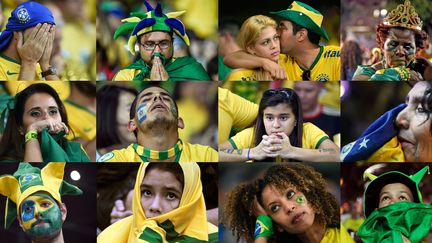 Mosa&iuml;que de supporters br&eacute;siliens apr&egrave;s la d&eacute;faite de leur &eacute;quipe face &agrave; l'Allemagne en demi-finale, le 8 juillet 2014, &agrave; Belo Horizonte (Br&eacute;sil).&nbsp; (AFP)