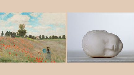 À gauche, Claude Monet, "Coquelicots", 1873, Donation Etienne Moreau-Nélaton, 1906. À droite, Constantin Brancusi, "Tête d’enfant endormi", vers 1908, Collection Centre Pompidou, Paris, Musée national d’art moderne, Centre de création industrielle. (RMN-GRAND PALAIS (MUSEE D'ORSAY) / HERVE LEWANDOWSKI / SUCCESSION BRANCUSI / AGP Paris 2024 / ADAM RZEPKA / CENTRE POMPIDOU / MNAM-CCI / RMN-GP)