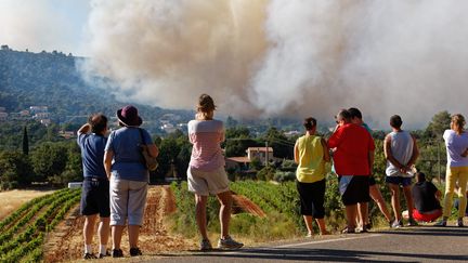 Des habitants assistent impuissants à l'incendie qui frappe la commune d'Artigues (Var), le 25 juillet 2017. (DOMINIQUE LERICHE / MAXPPP)