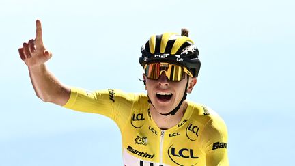 Le&nbsp;maillot jaune, Tadej Pogacar (UAE), remporte la septième étape du Tour de France, en haut de la Super Planche des Belles Filles, le 8 juillet 2022. (MARCO BERTORELLO / AFP)