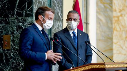 Emmanuel Macron et le Premier ministre irakien, Munstafa Kadhemi, à Bagdad, le 2 septembre 2020. (- / IRAQI PRIME MINISTER'S PRESS OFF)