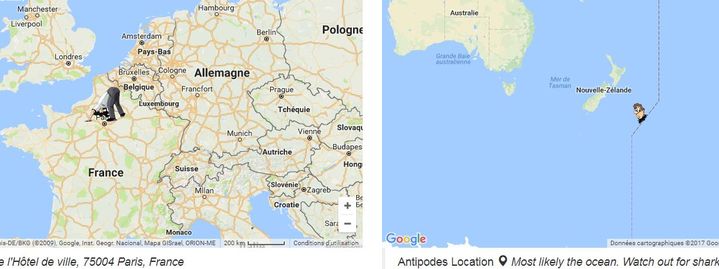 En creusant un trou à Paris, vous atterrissez en plein océan Pacifique à l'est de la Nouvelle Zélande. (ANTIPODESMAPS.COM)