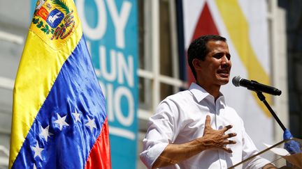 Juan Guaido, président de l'Assemblée nationale du Venezuela, et reconnu comme président par intérim du pays par une partie de la communauté internationale, lors d'un meeting à Caracas le 16 février 2019. (MARCO BELLO / REUTERS)