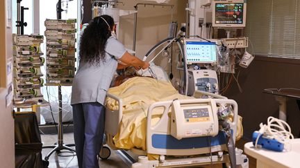 Une soignante prend en charge un patient atteint du Covid-19, à l'hôpital Avicenne de Bobigny (Seine-Saint-Denis), le 8 février 2021. (BERTRAND GUAY / AFP)