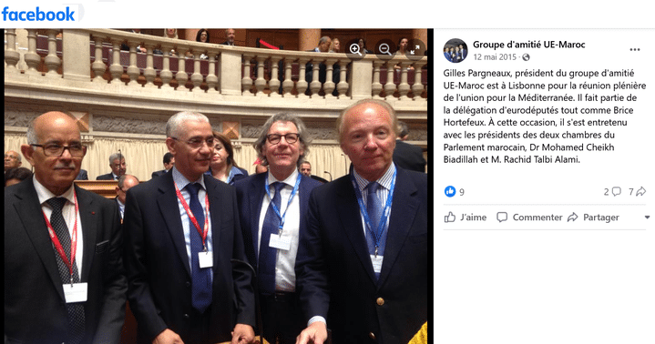 From right to left: Brice Hortefeux, Gilles Pargneaux, president of the EU-Morocco friendship group with the presidents of the two chambers of the Moroccan Parliament, Mr. Rachid Talbi Alami and Dr. Mohamed Cheikh Biadillah.  (Facebook screenshot EU-Morocco Friendship Group)