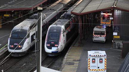 Des ambulances arrivent sur le quai de la gare de Strasbourg (Bas-Rhin), le 26 mars 2020. (FREDERICK FLORIN / AFP)