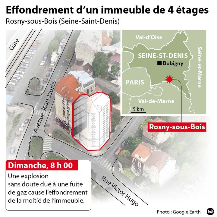 &nbsp; (Une explosion s'est produite dans un immeuble de quatre étages de l'avenue Jean-Jaurès à Rosny-sous-Bois © RF idé)