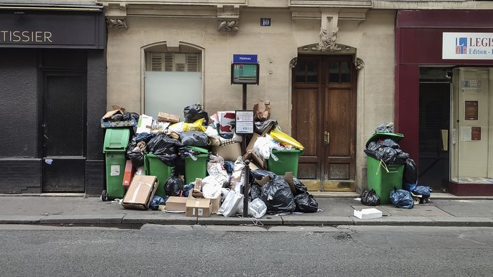 Des poubelles débordent pendant un mouvement de grève des éboueurs à Paris, le 31 mars 2023. (LAURE BOYER / HANS LUCAS / AFP)